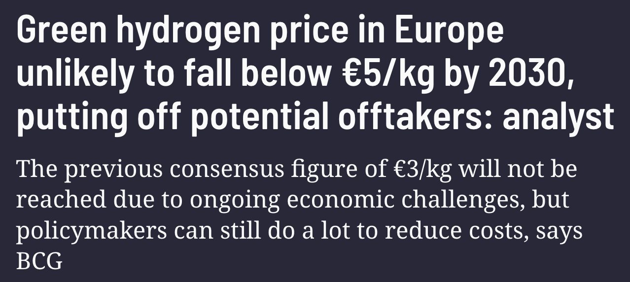 Headline stating hydrogen per kilogram prices will remain very high through 2030 and likely per Boston Consulting Group